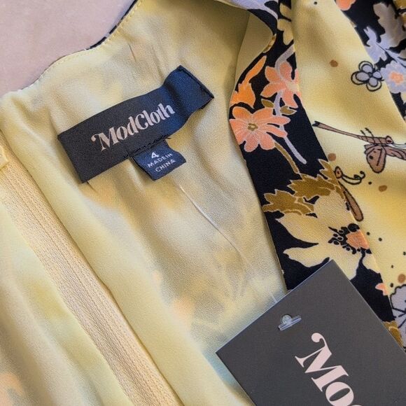 NWT ModCloth Unique Persona Midi Dress Long Sleeve Yellow Floral Dragonfly 4 - Picture 4 of 14